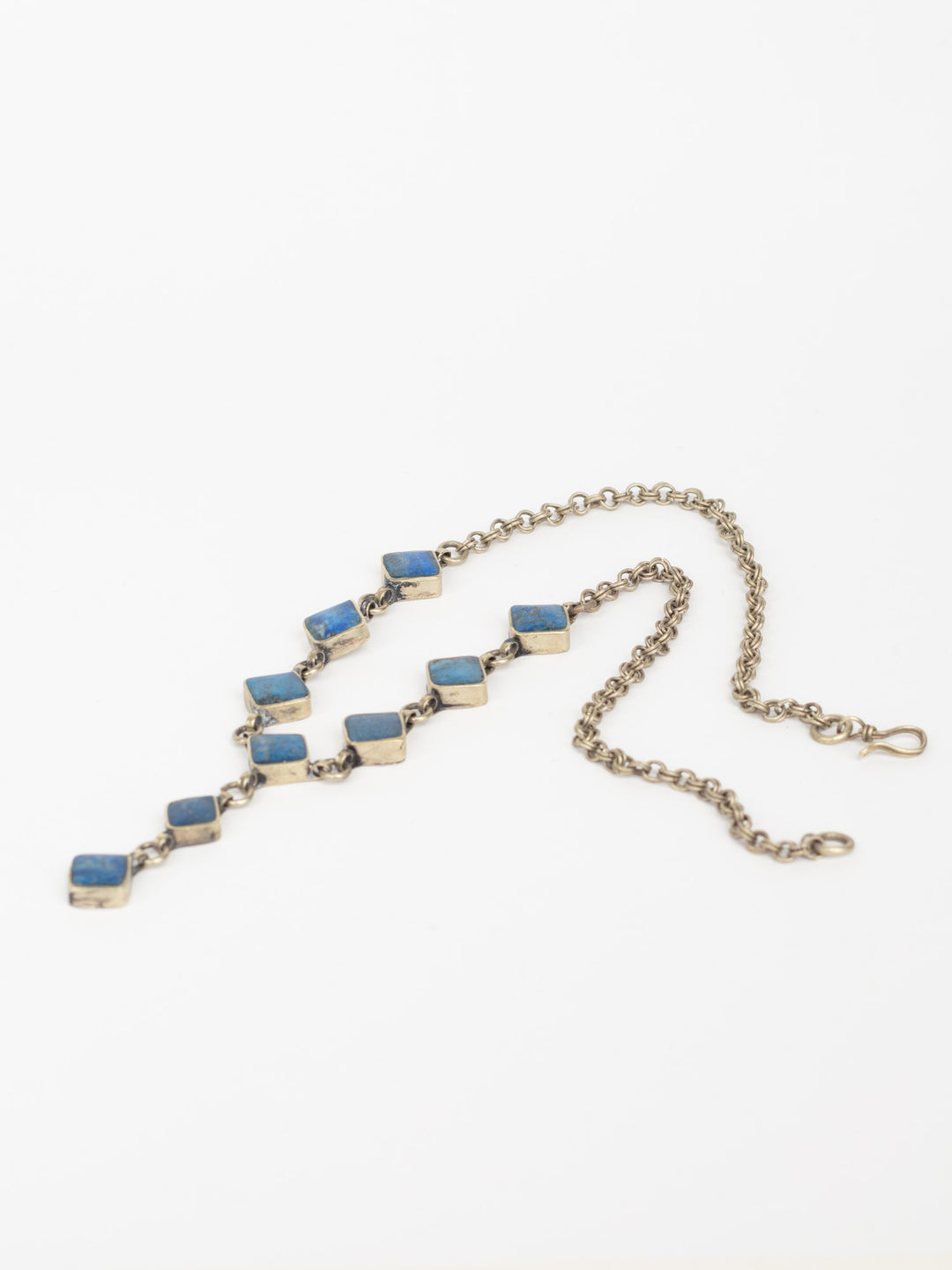 Vintage 1970s Lapis Blue Stone Necklace with Geometric Drop, Silver-Tone Metal Chain, Artisan Boho Pendant Necklace, Vintage Boho Jewelry