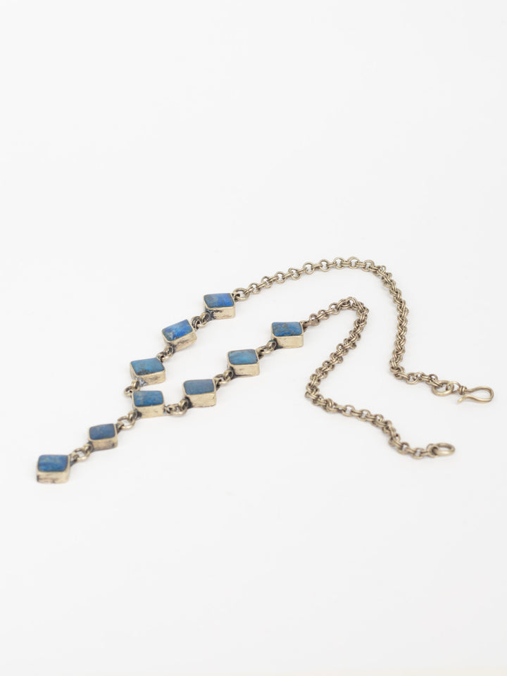 Vintage 1970s Lapis Blue Stone Necklace with Geometric Drop, Silver-Tone Metal Chain, Artisan Boho Pendant Necklace, Vintage Boho Jewelry