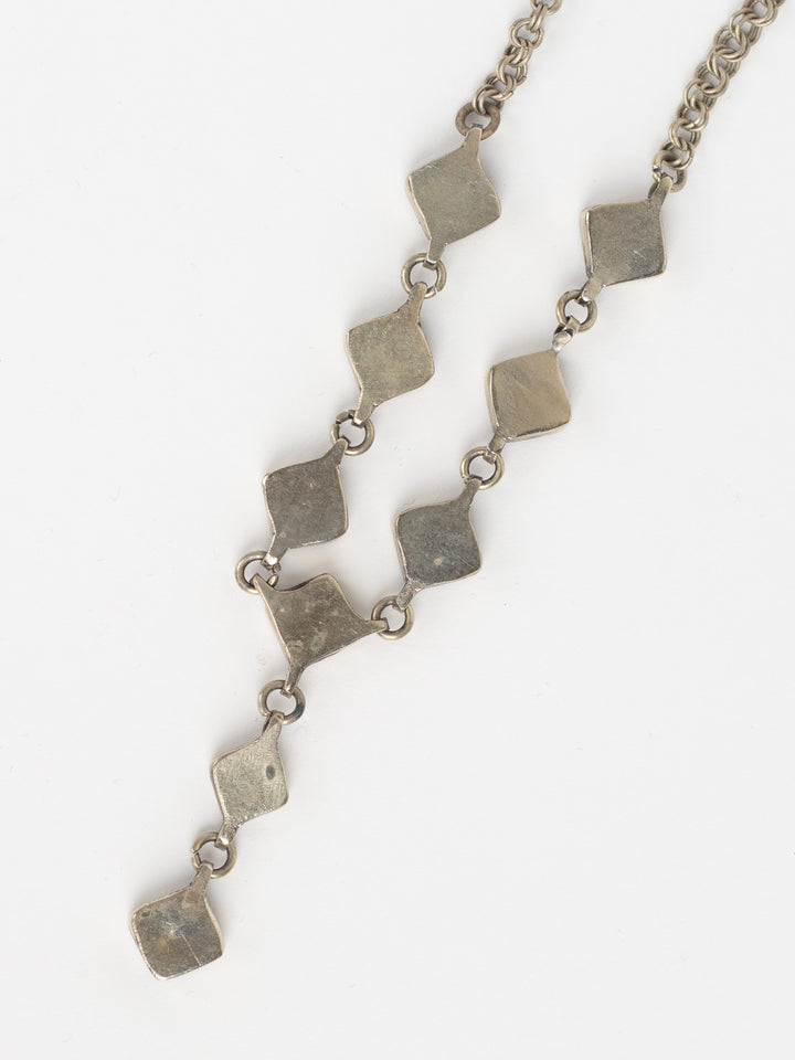Vintage 1970s Lapis Blue Stone Necklace with Geometric Drop, Silver-Tone Metal Chain, Artisan Boho Pendant Necklace, Vintage Boho Jewelry