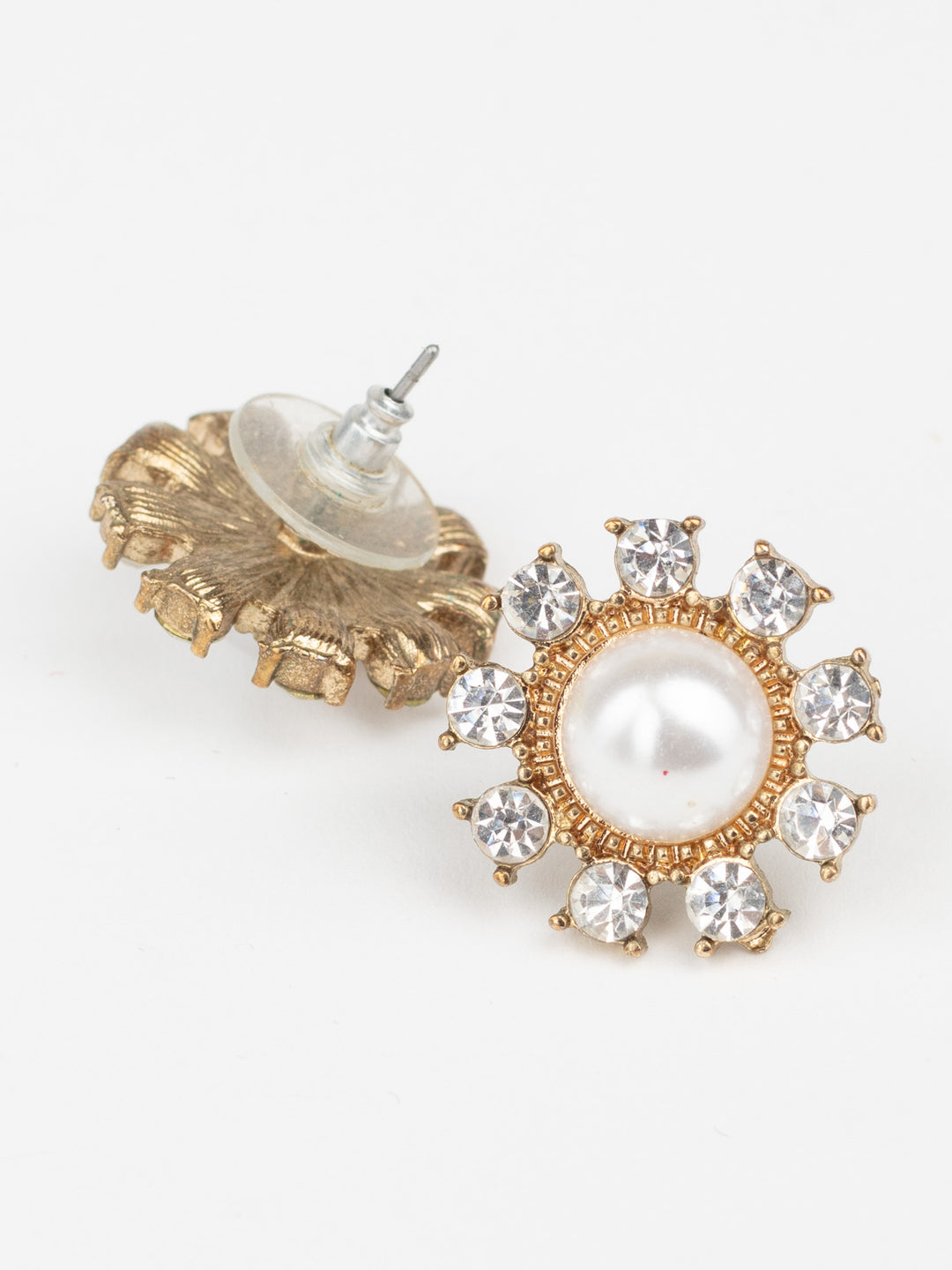 Vintage 80s Flower Earrings with Faux Pearls and Rhinestones