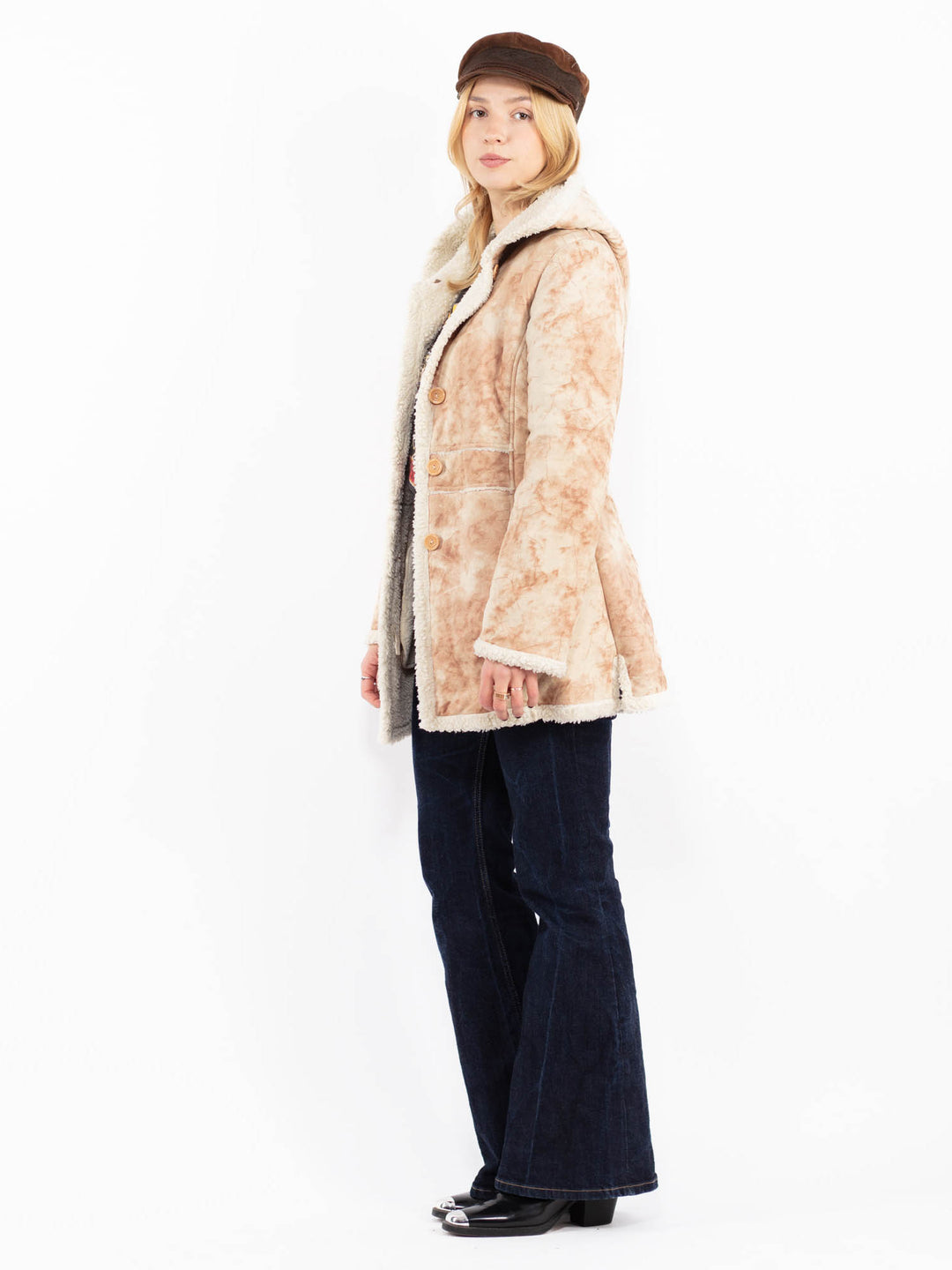 Vintage 00's Women Hooded Sherpa Coat in Beige