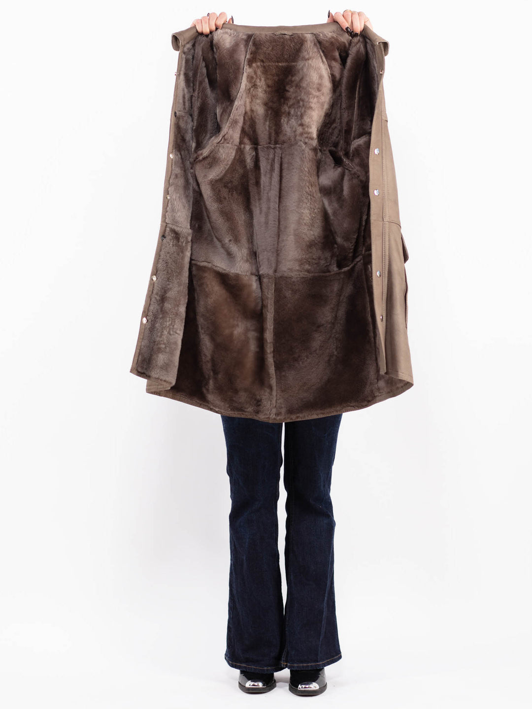 Vintage 80's Women Sheepskin Leather Coat in Gray