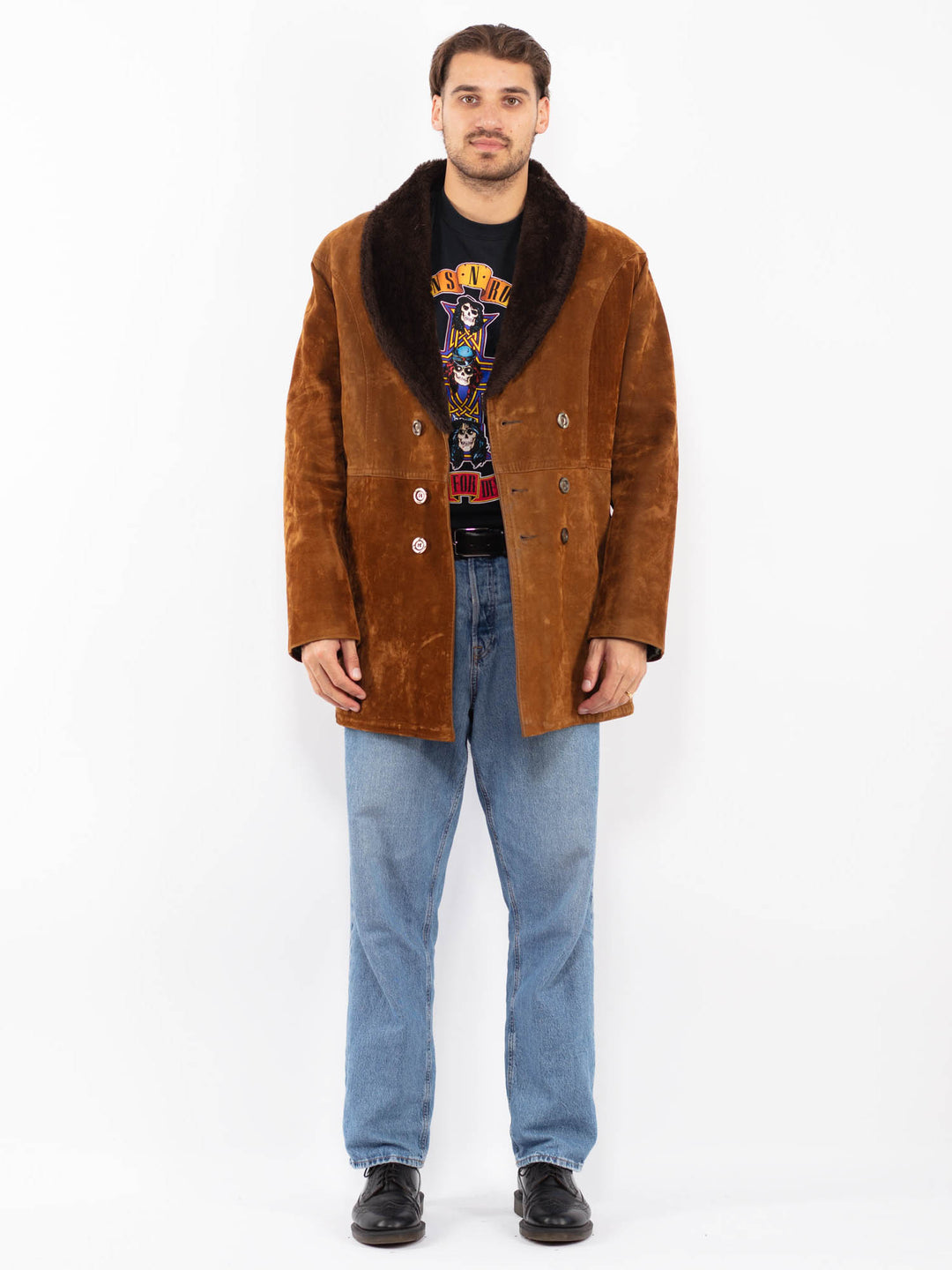 Vintage 90's Men Faux Sheepskin Coat in Brown