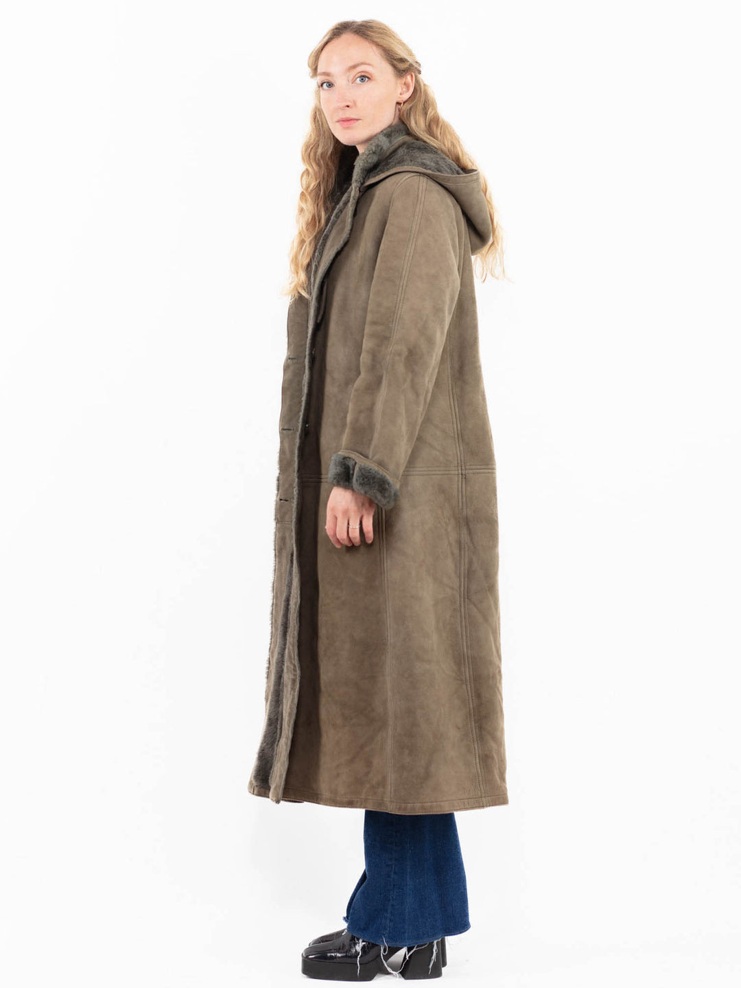 Vintage 90's Women Hooded Sheepskin Coat in Khaki Green