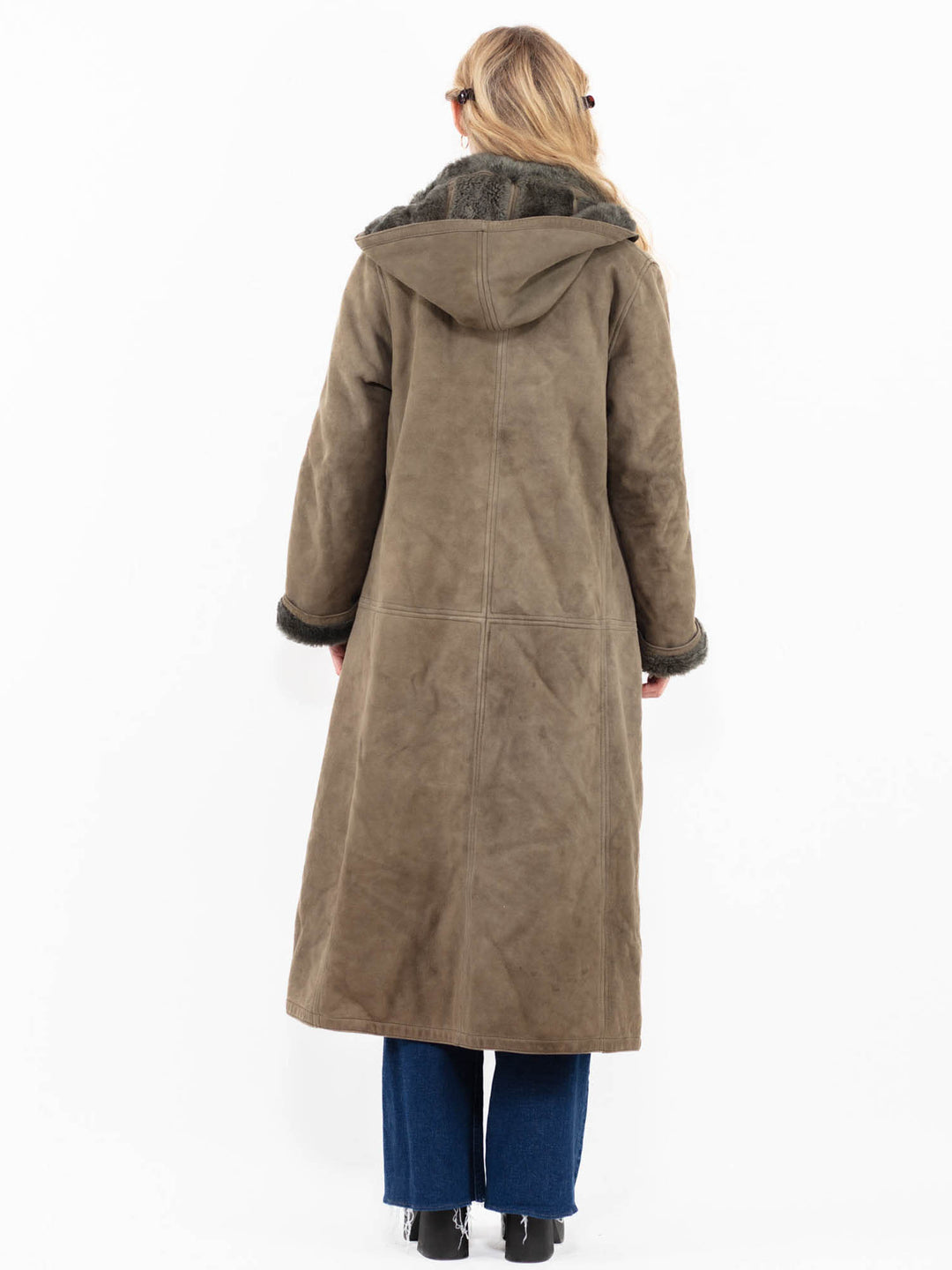 Vintage 90's Women Hooded Sheepskin Coat in Khaki Green