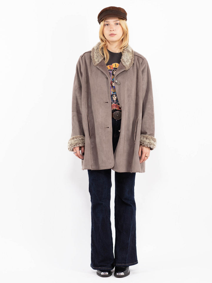 Vintage 00's Women Faux Sheepskin Coat in Gray