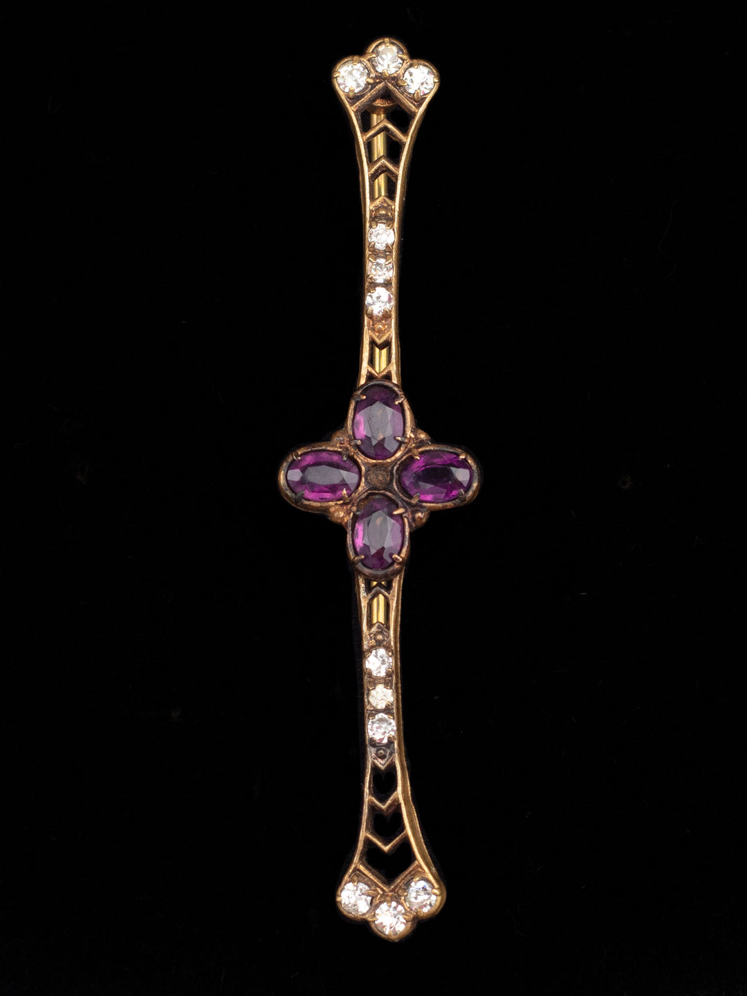 Antique Victorian Bar Brooch with Purple Glass and Clear Rhinestones