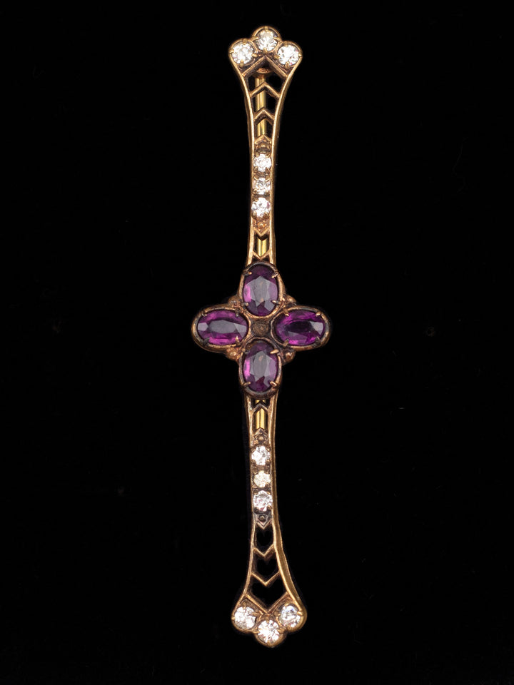 Antique Victorian Bar Brooch with Purple Glass and Clear Rhinestones