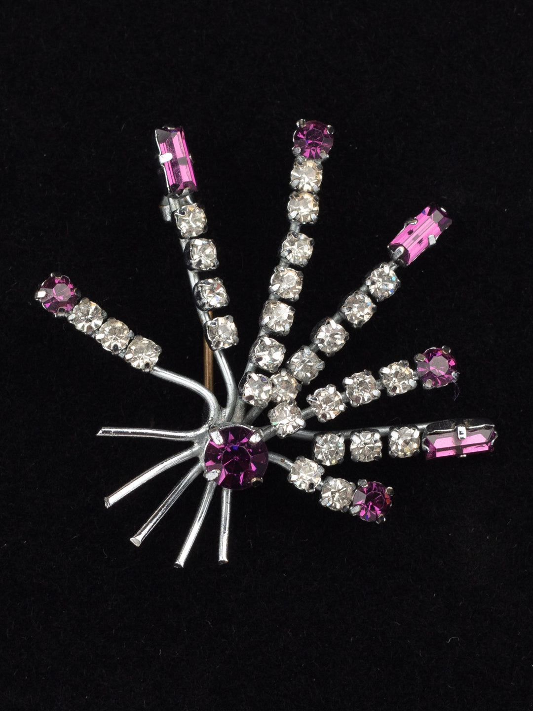 Vintage 60s Starburst Rhinestone Brooch with Purple and Clear Crystals