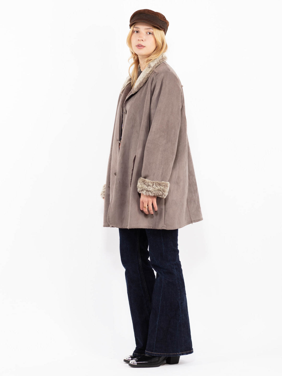 Vintage 00's Women Faux Sheepskin Coat in Gray