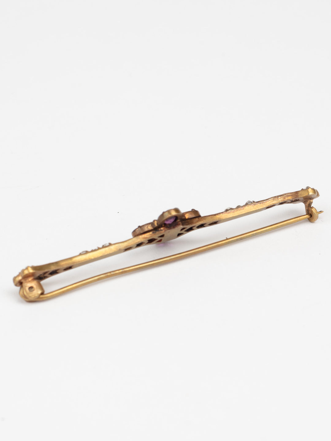 Antique Victorian Bar Brooch with Purple Glass and Clear Rhinestones