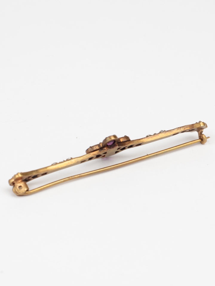 Antique Victorian Bar Brooch with Purple Glass and Clear Rhinestones