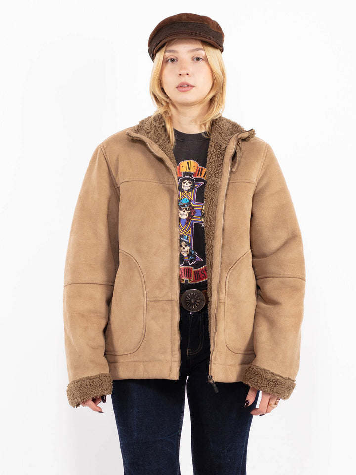 Vintage 90's Women Faux Sheepskin Jacket in Beige