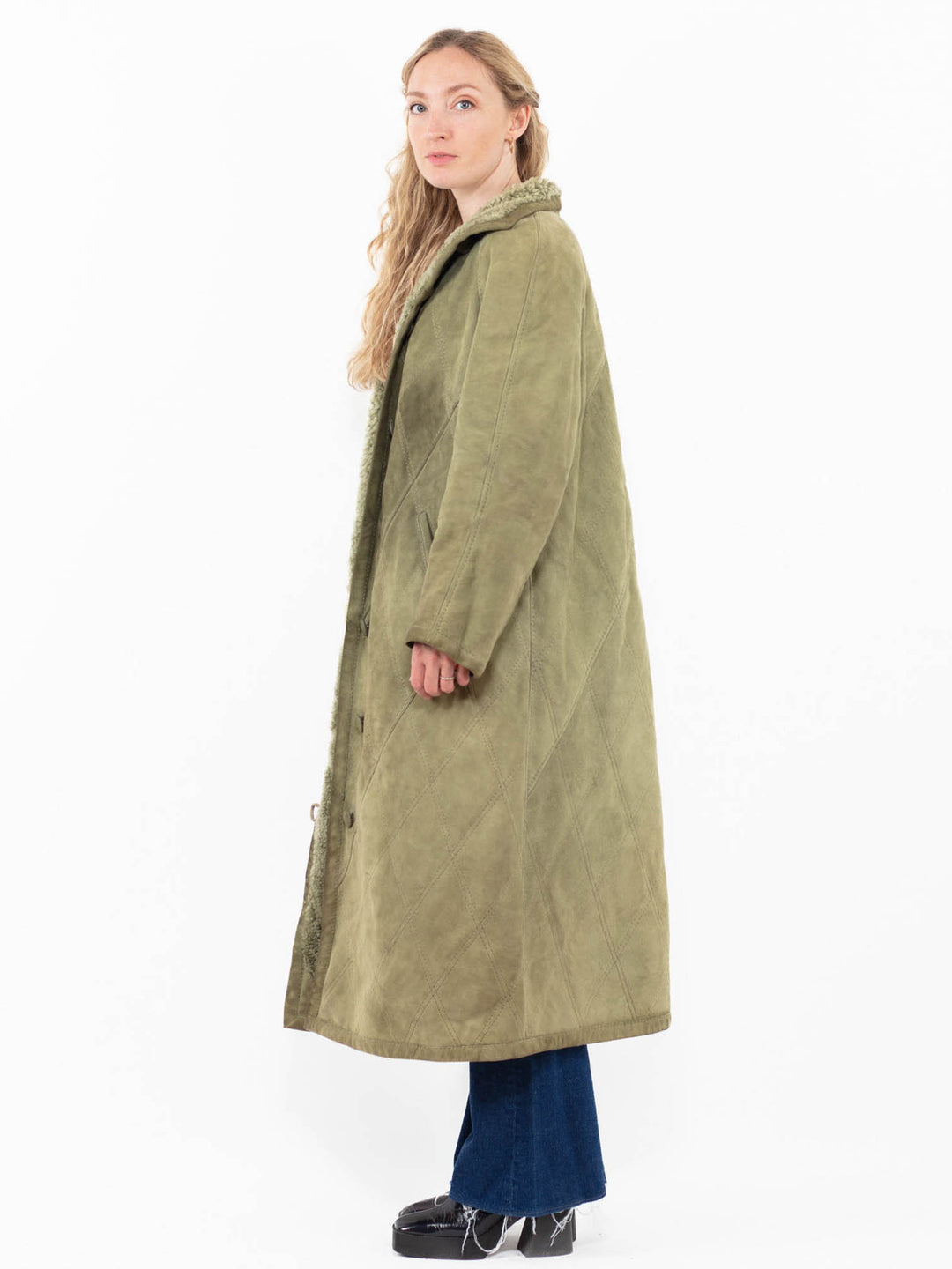 Vintage 80's Women Sheepskin Coat in Green