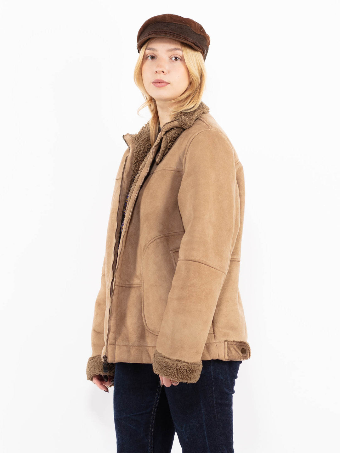 Vintage 90's Women Faux Sheepskin Jacket in Beige