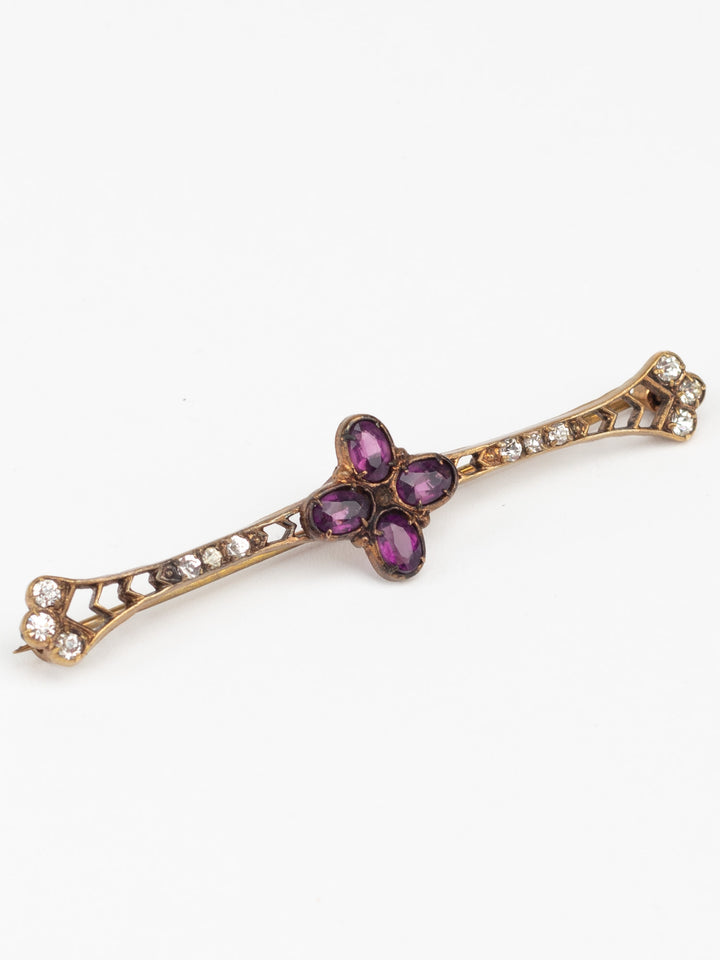 Antique Victorian Bar Brooch with Purple Glass and Clear Rhinestones