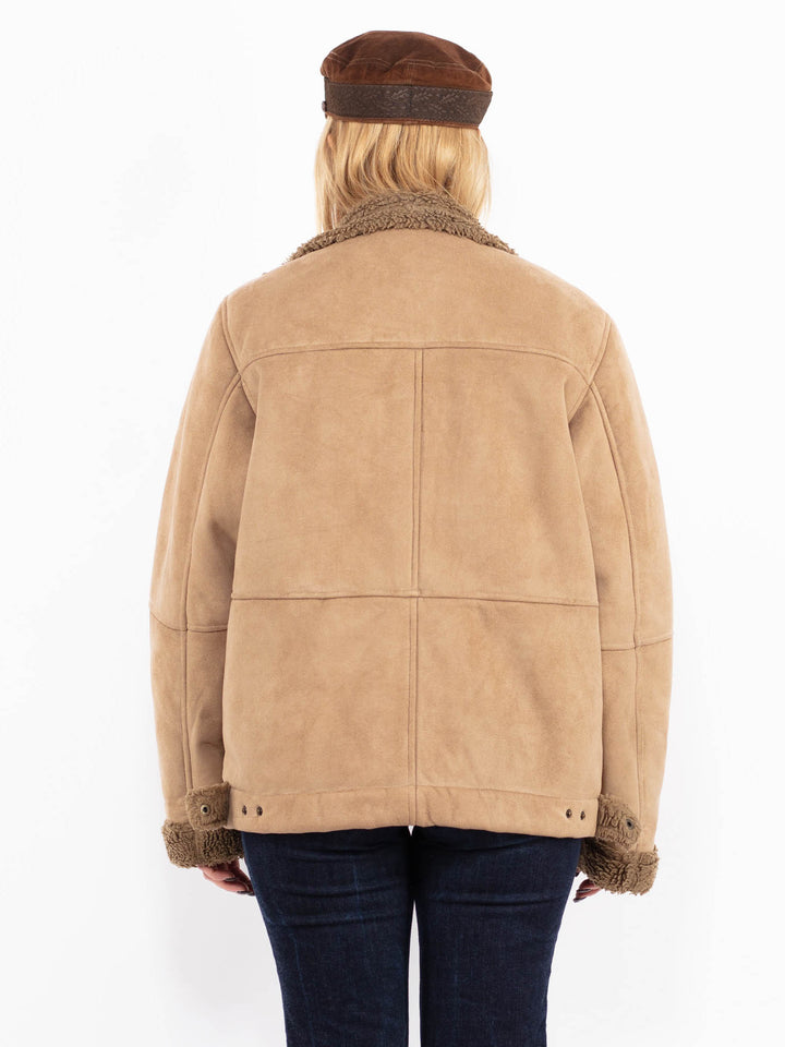 Vintage 90's Women Faux Sheepskin Jacket in Beige