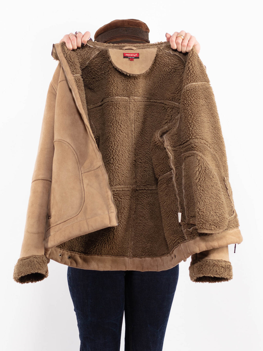 Vintage 90's Women Faux Sheepskin Jacket in Beige