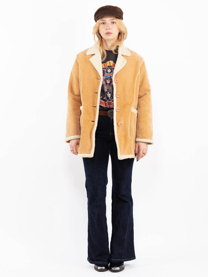 Vintage 90's Women Faux Sheepskin Coat in Light Brown