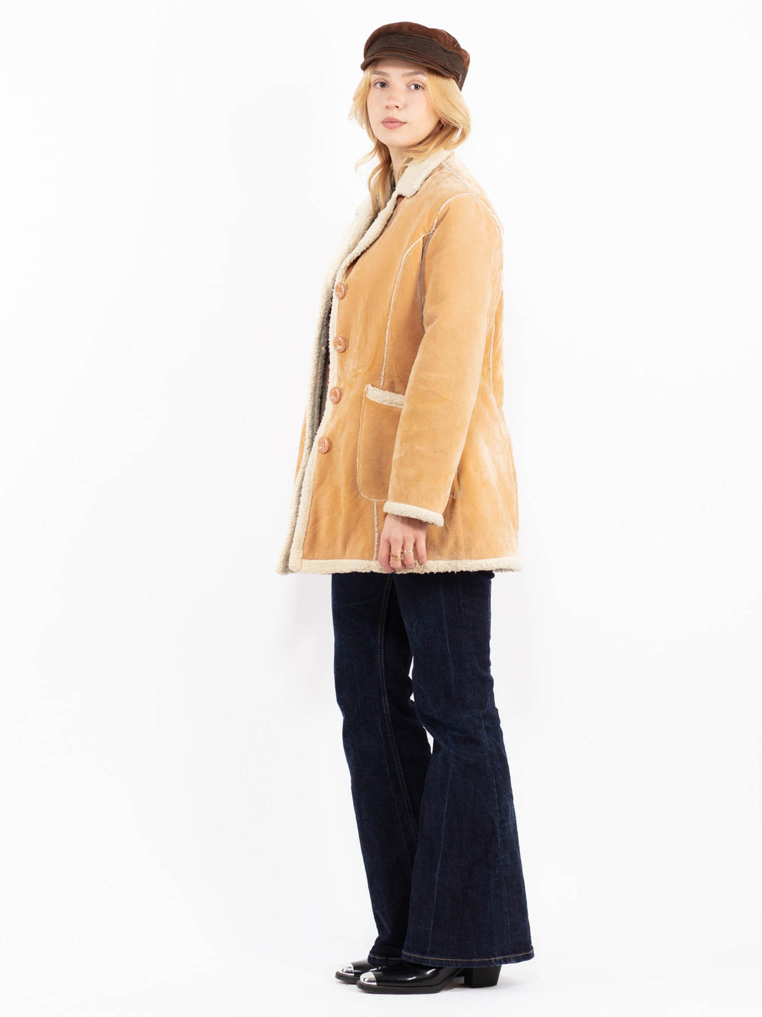 Vintage 90's Women Faux Sheepskin Coat in Light Brown