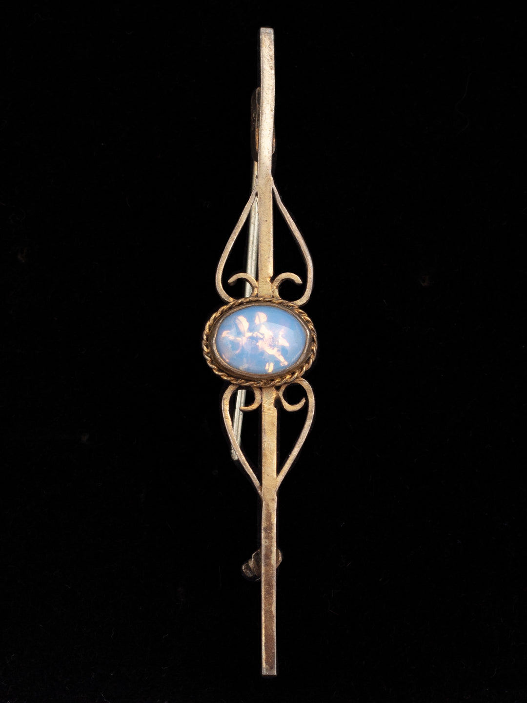 Edwardian Style Filigree Bar Brooch with Blue Glass Cabochon