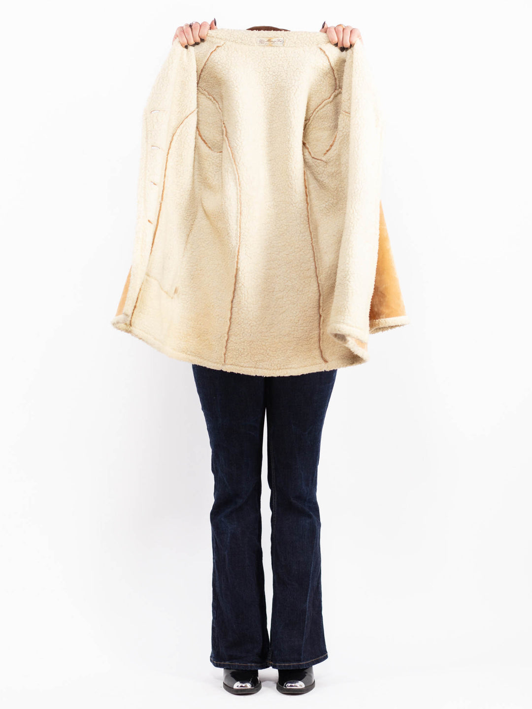 Vintage 90's Women Faux Sheepskin Coat in Light Brown