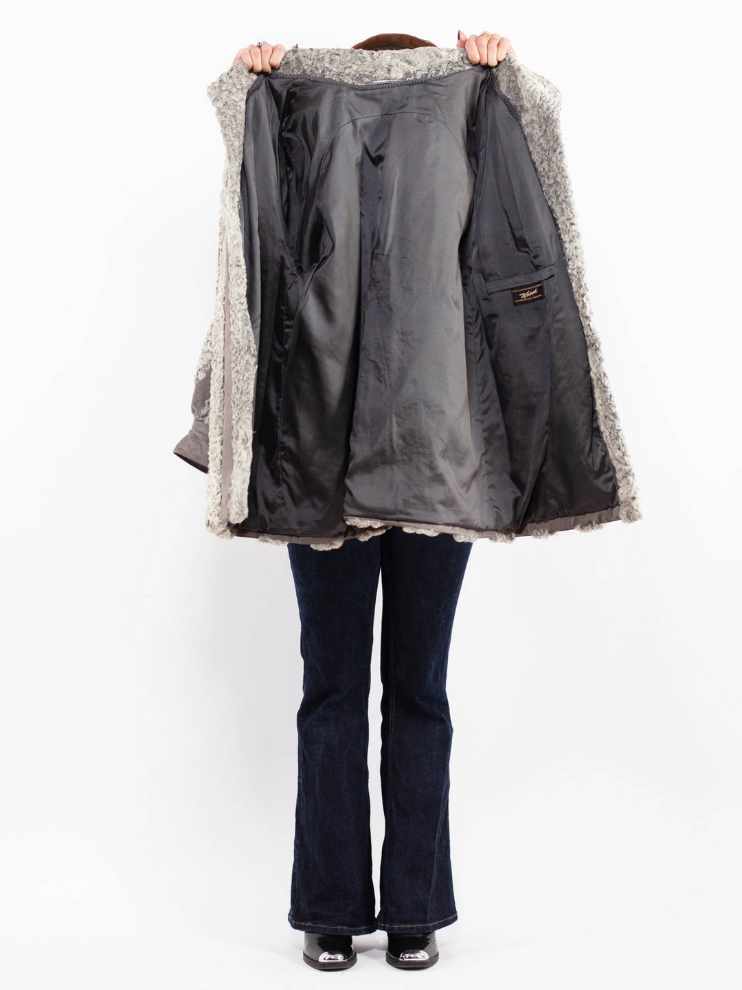 Vintage 70's Women Shearling Suede Coat in Gray