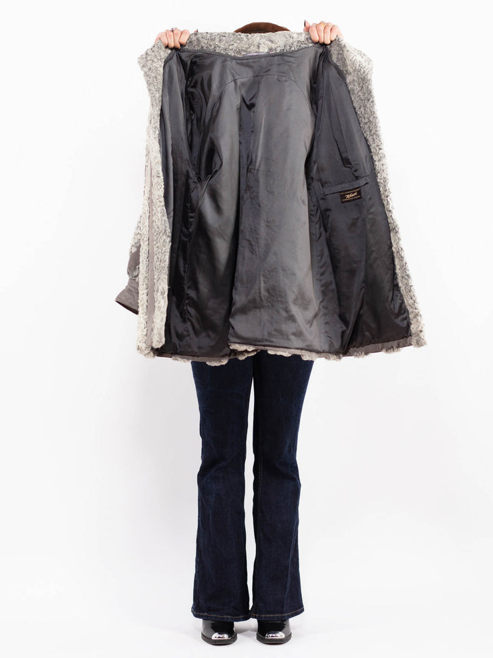 Vintage 70's Women Shearling Suede Coat in Gray