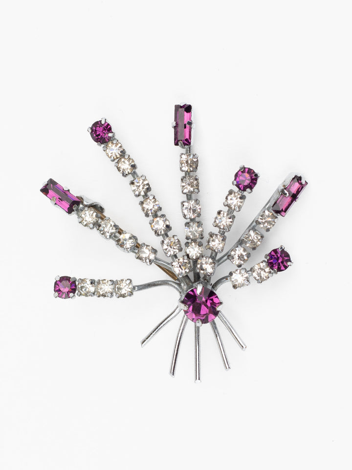 Vintage 60s Starburst Rhinestone Brooch with Purple and Clear Crystals