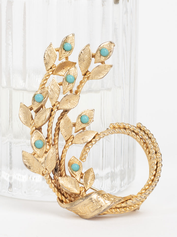 Vintage 50s Gold-Tone Leaf Brooch with Faux Turquoise Cabochons