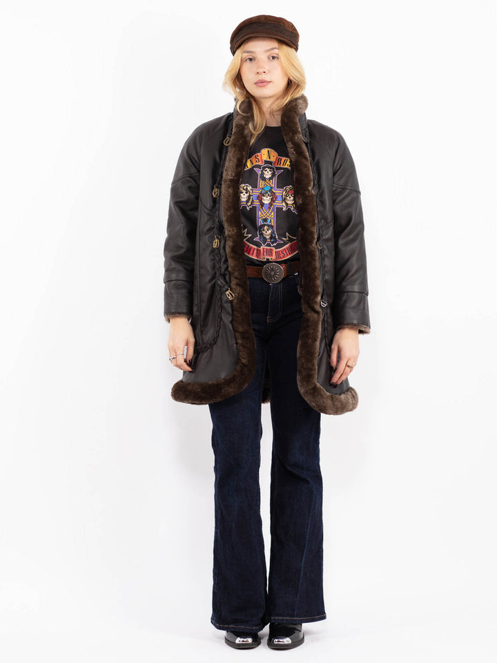 Vintage 90's Women Faux Leather Coat in Dark Brown