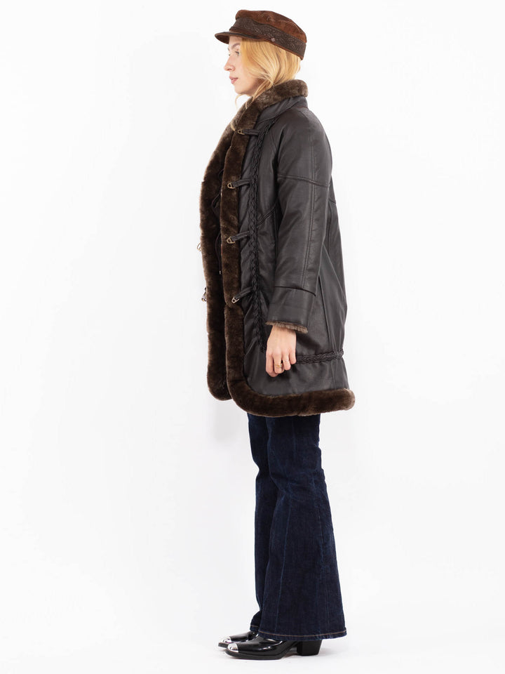 Vintage 90's Women Faux Leather Coat in Dark Brown