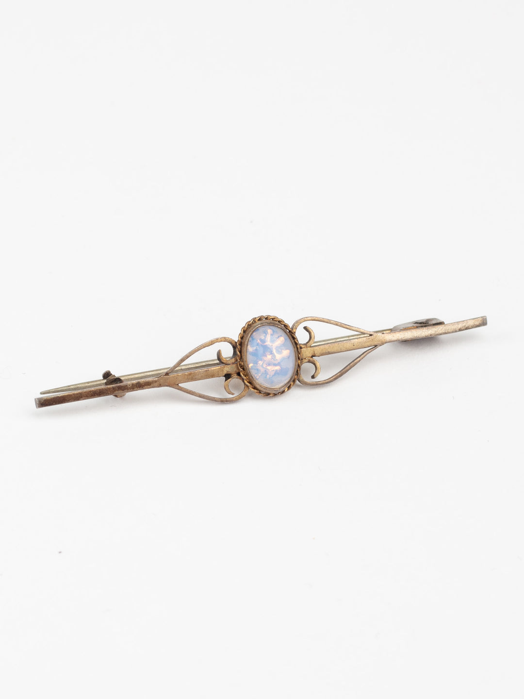 Edwardian Style Filigree Bar Brooch with Blue Glass Cabochon