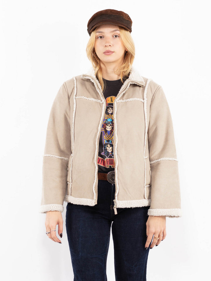 Vintage 00's Women Faux Sheepskin Jacket in Beige