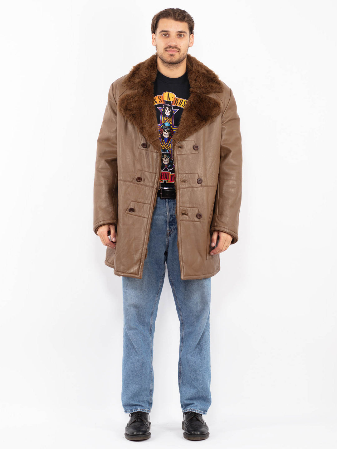 Vintage 70's Men Sherpa Leather Coat in Brown