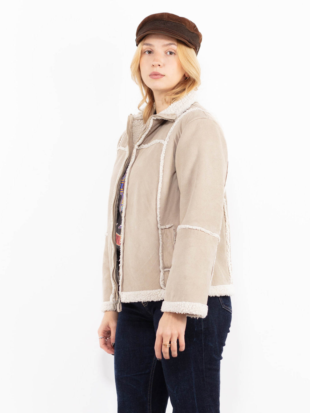 Vintage 00's Women Faux Sheepskin Jacket in Beige