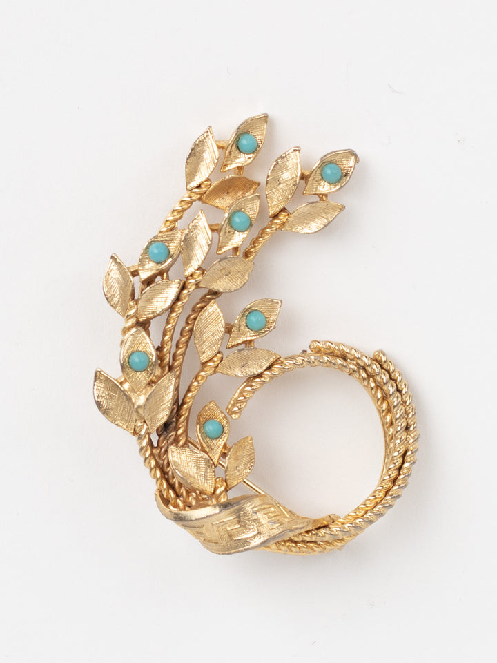 Vintage 50s Gold-Tone Leaf Brooch with Faux Turquoise Cabochons