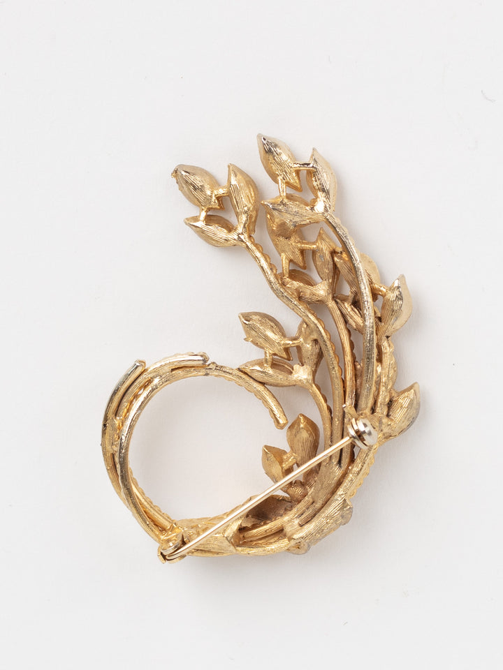 Vintage 50s Gold-Tone Leaf Brooch with Faux Turquoise Cabochons