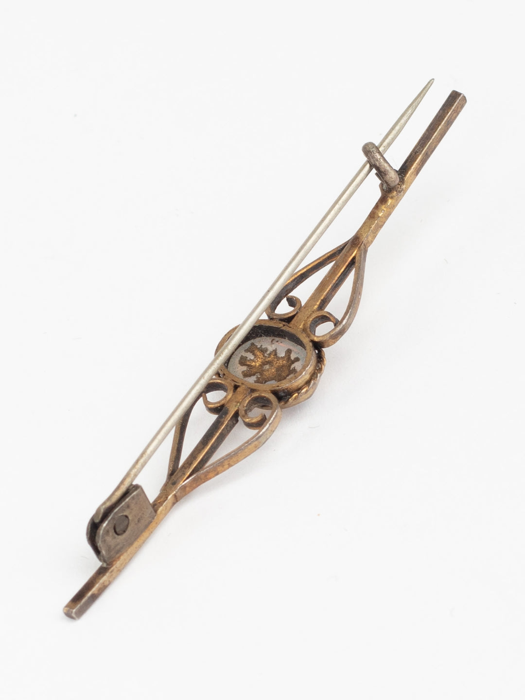 Edwardian Style Filigree Bar Brooch with Blue Glass Cabochon