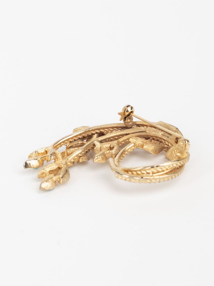 Vintage 50s Gold-Tone Leaf Brooch with Faux Turquoise Cabochons