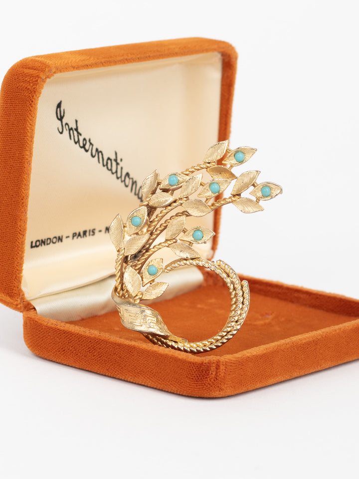 Vintage 50s Gold-Tone Leaf Brooch with Faux Turquoise Cabochons