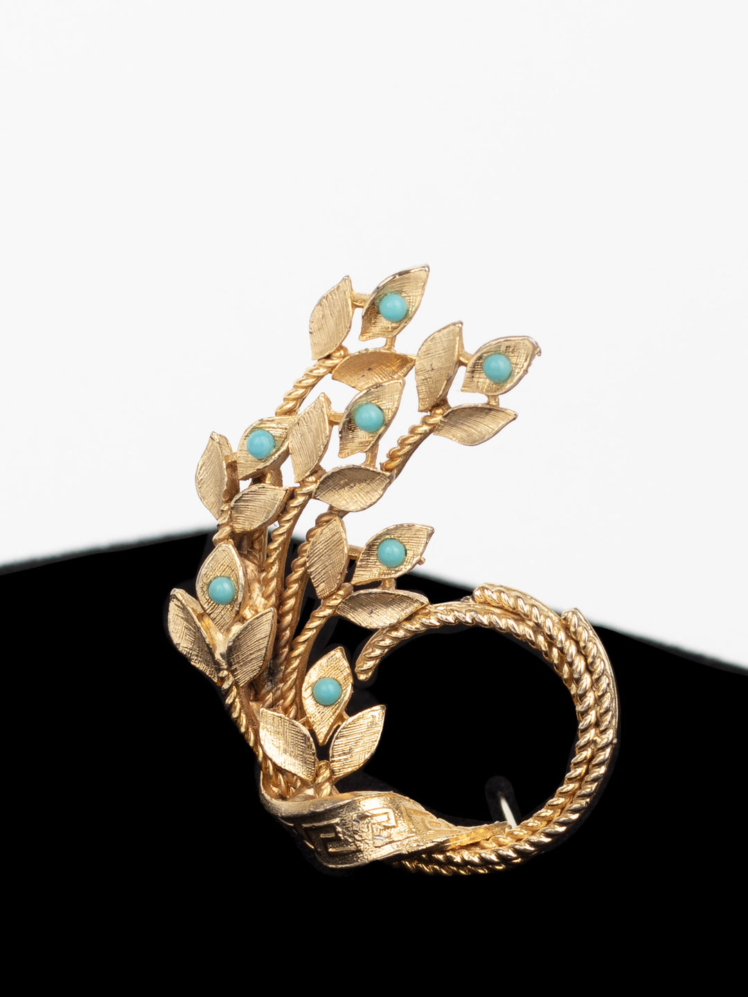 Vintage 50s Gold-Tone Leaf Brooch with Faux Turquoise Cabochons