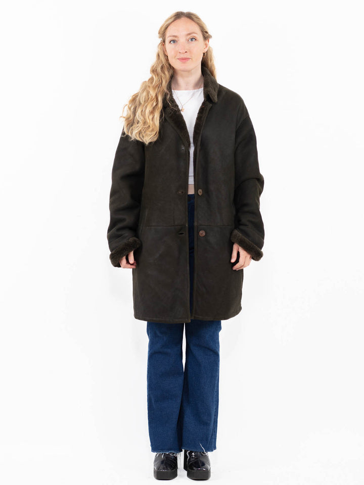 Vintage 90's Women Sheepskin Shearling Coat in Green