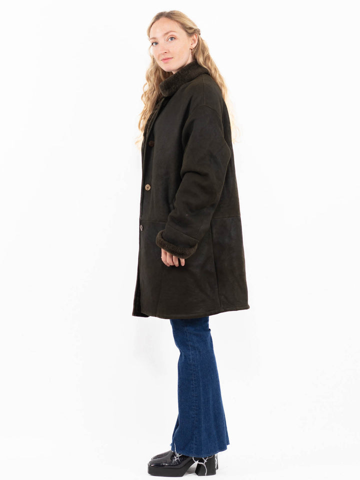 Vintage 90's Women Sheepskin Shearling Coat in Green