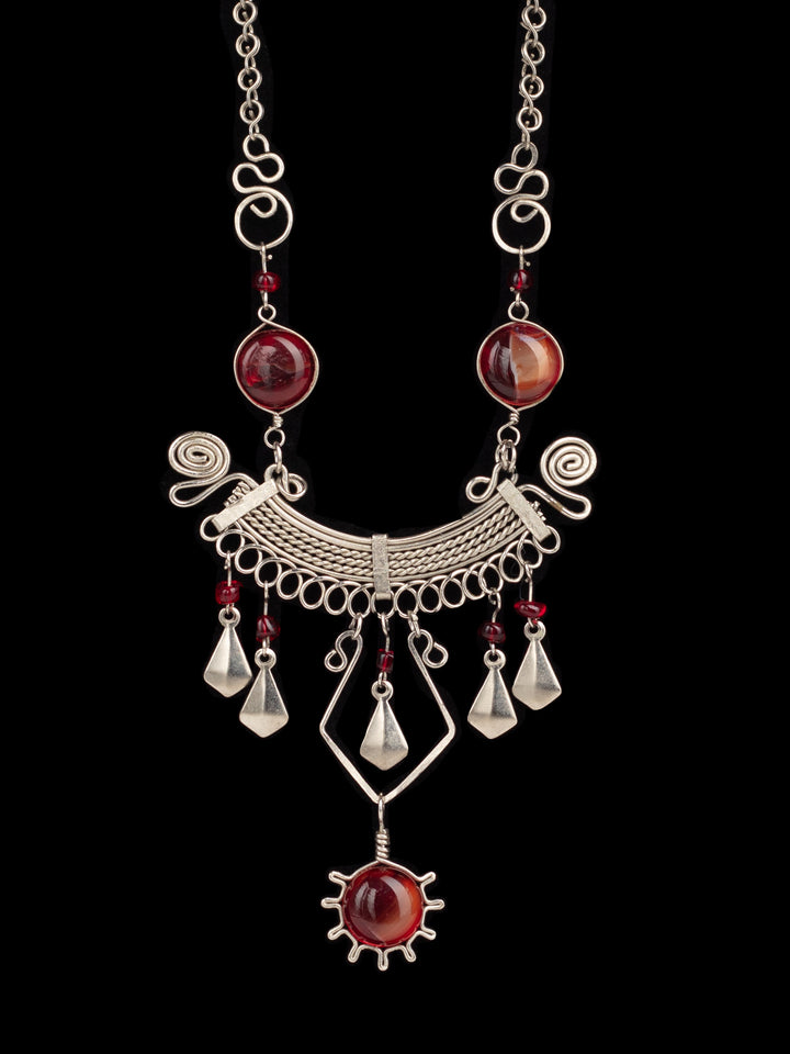 Vintage 70s Boho Tribal Statement Necklace with Red Glass Cabochons