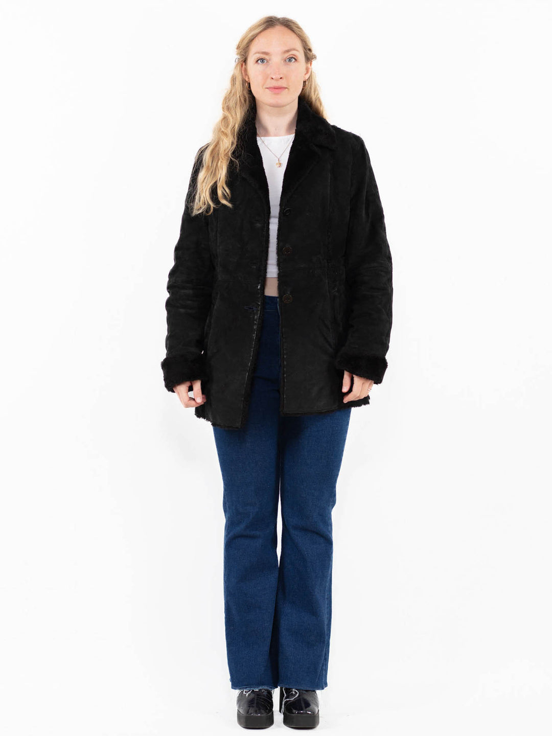 Vintage 90's Women Suede Sherpa Coat in Black