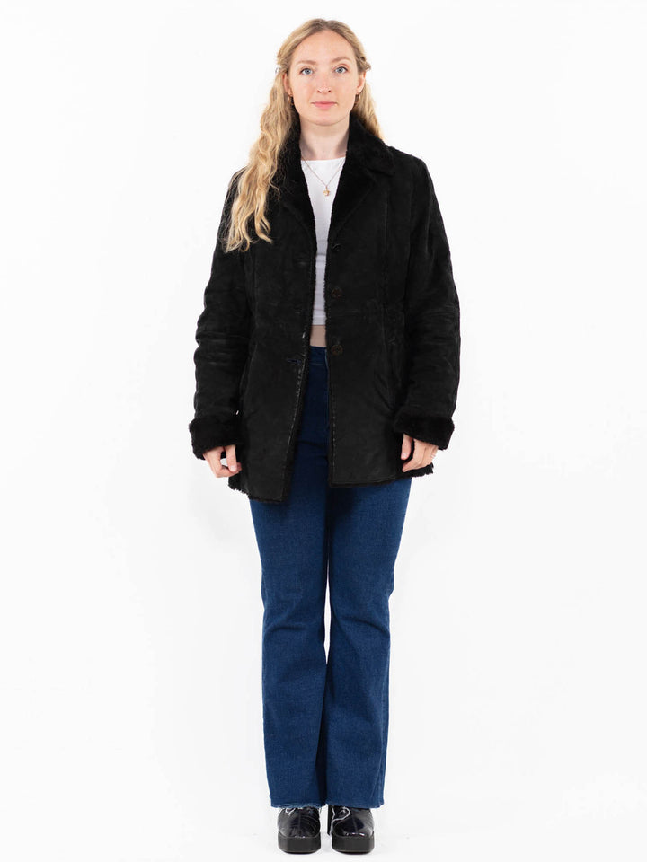 Vintage 90's Women Suede Sherpa Coat in Black
