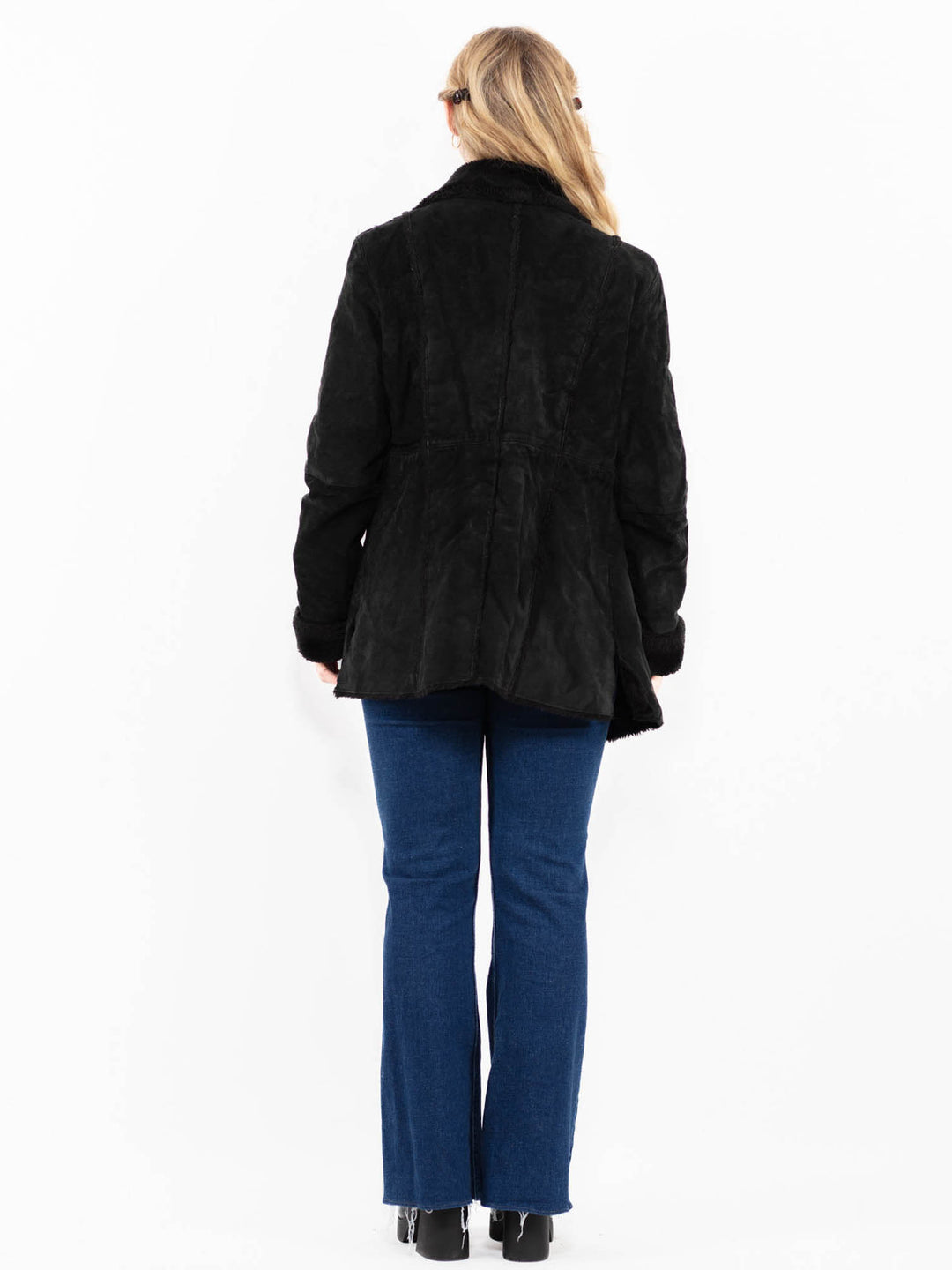 Vintage 90's Women Suede Sherpa Coat in Black