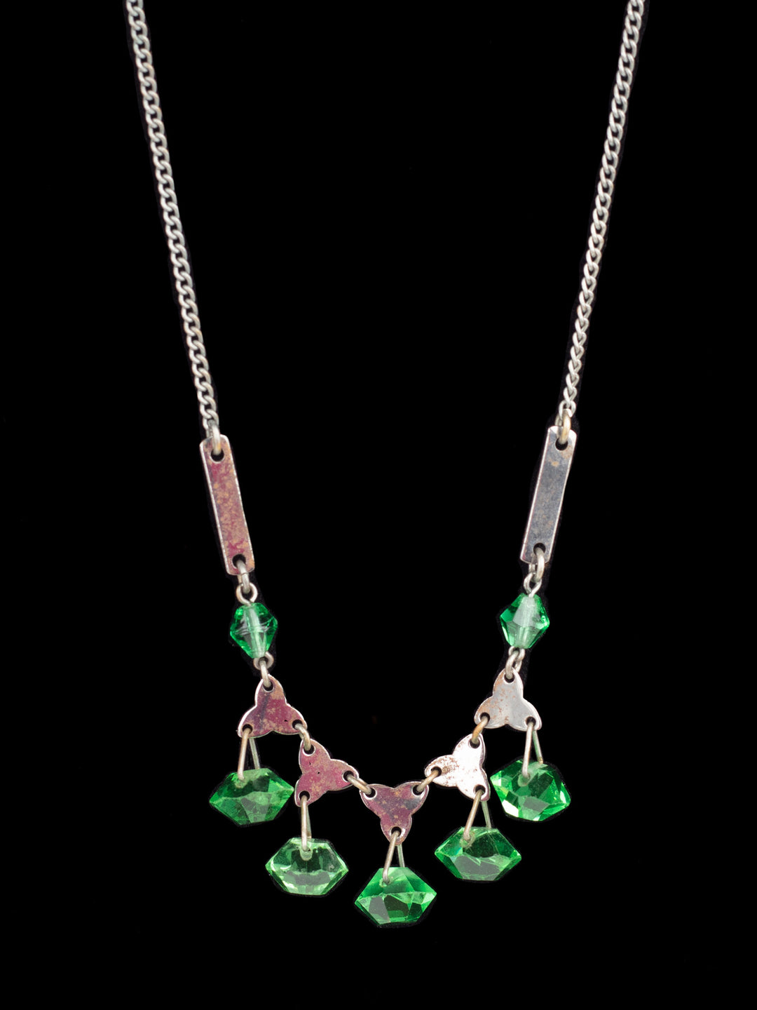 Vintage 30s Green Glass Drop Pendant Necklace