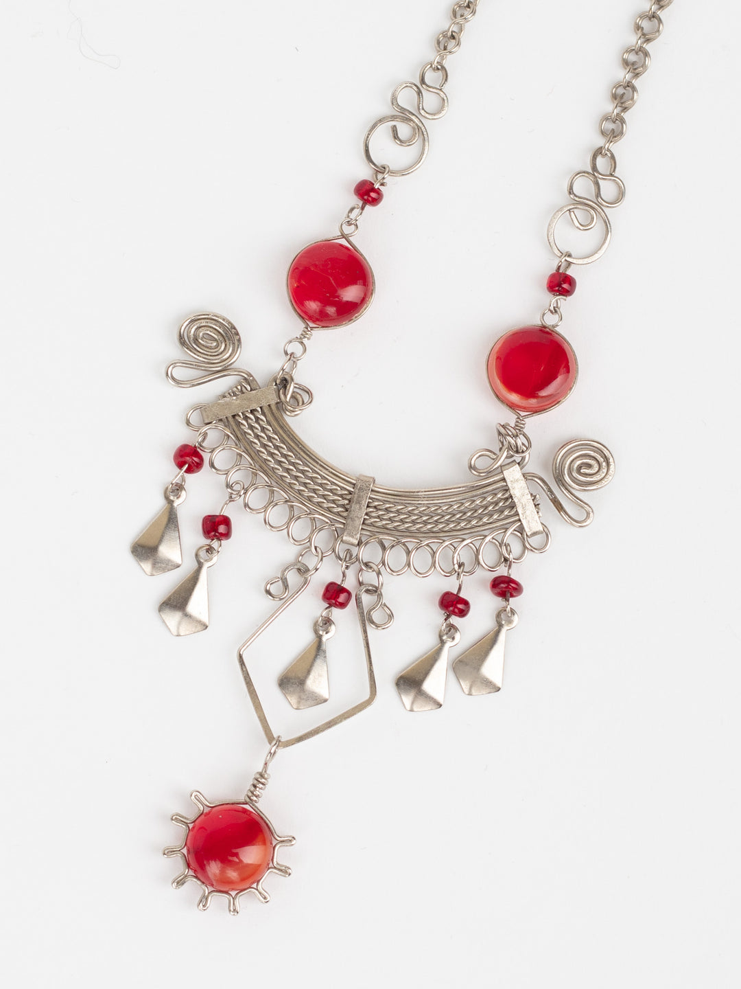 Vintage 70s Boho Tribal Statement Necklace with Red Glass Cabochons